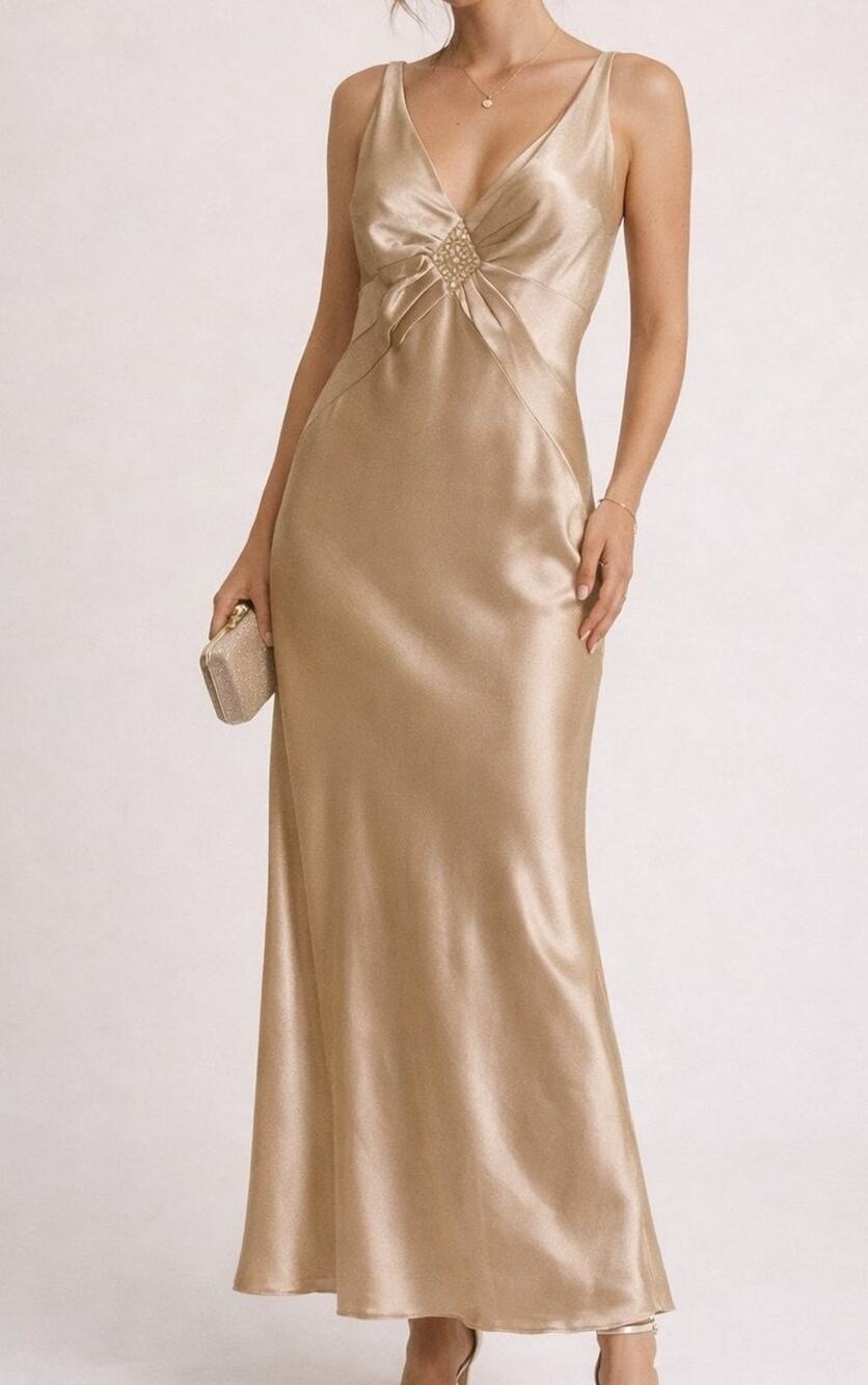 Vintage Y2K Amanda Smith Satin Beaded Sequin Dress Size 6 Champagne Hoco Event